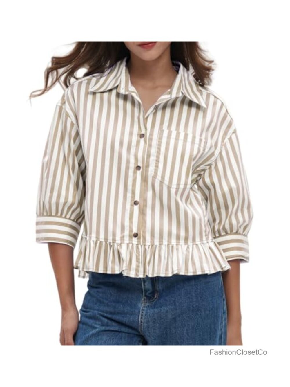 Women's Button Down Striped Peplum Blouse 3/4 Sleeve Babydoll Top with Pockets